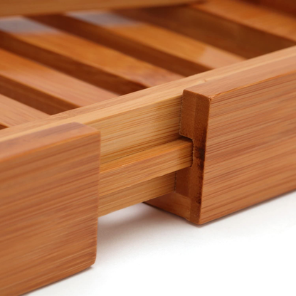 Expandable bamboo bath caddy tray with book stand and wine slot