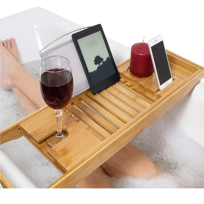 Expandable bamboo bath caddy tray with book stand and wine slot