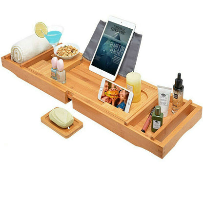 Expandable bamboo bath caddy tray with book stand and wine slot