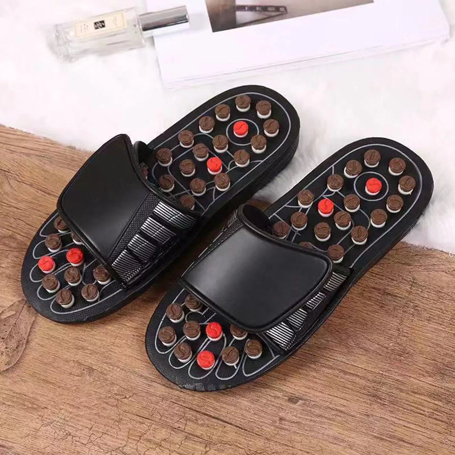 Acupressure reflexology slip-on wellness sandals for foot stimulation