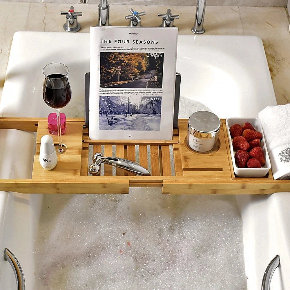 Expandable bamboo bath caddy tray with book stand and wine slot