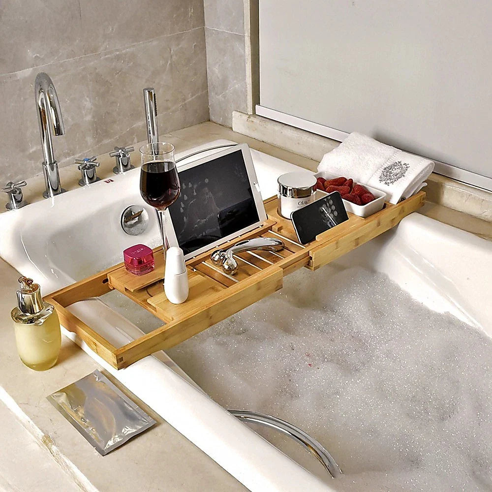 Expandable bamboo bath caddy tray with book stand and wine slot