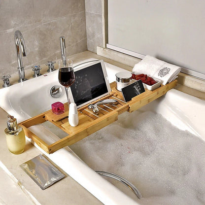 Expandable bamboo bath caddy tray with book stand and wine slot