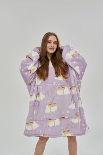 Oversized reversible sherpa fleece wearable hoodie blanket for adults