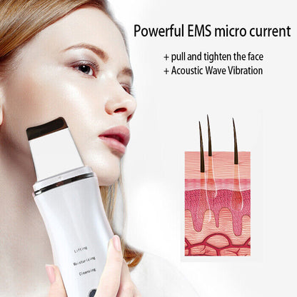 Ultrasonic facial skin scrubber spatula for pore cleansing