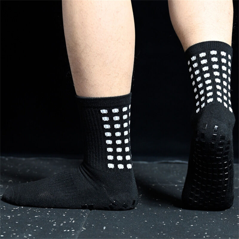 Mid-calf anti-slip grip socks with traction pads for soccer and basketball