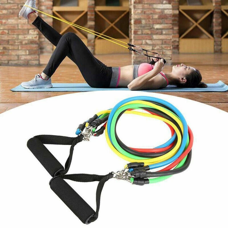 11-piece stackable latex resistance bands set with door anchor and ankle straps