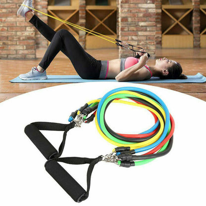 11-piece stackable latex resistance bands set with door anchor and ankle straps