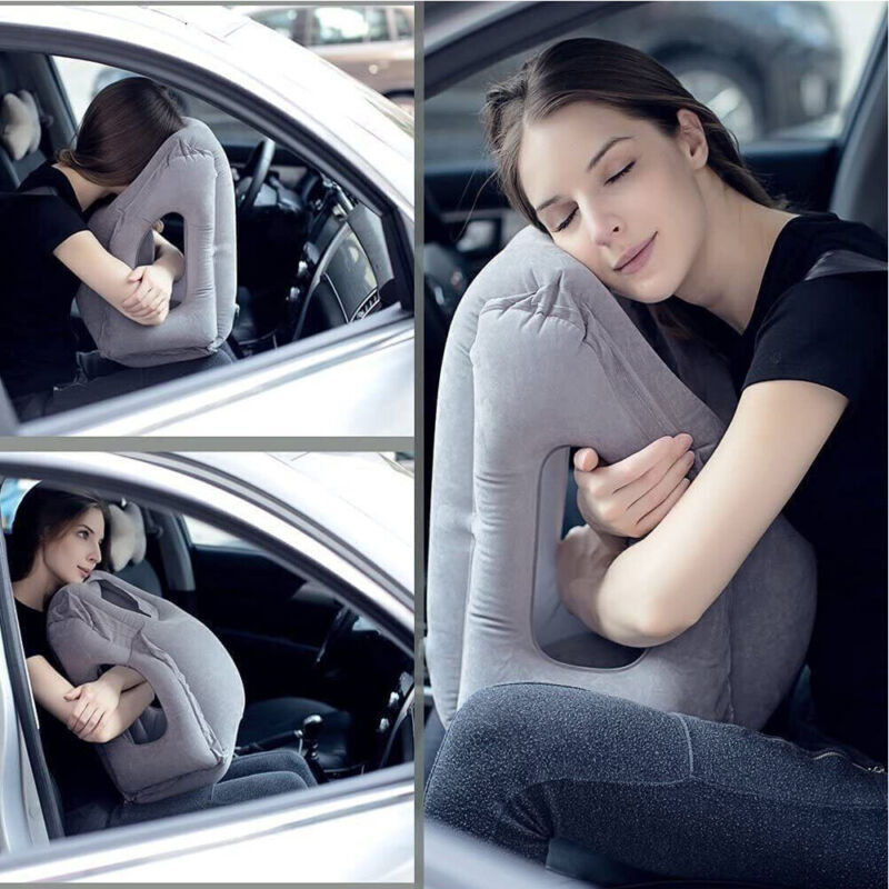 Forward-facing inflatable travel pillow for long-haul flight sleep
