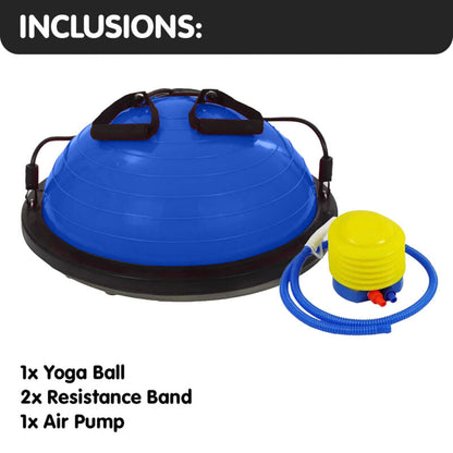 Half-ball balance trainer with resistance bands for yoga and stability