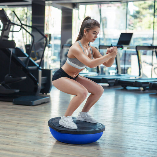 Half-ball balance trainer with resistance bands for yoga and stability