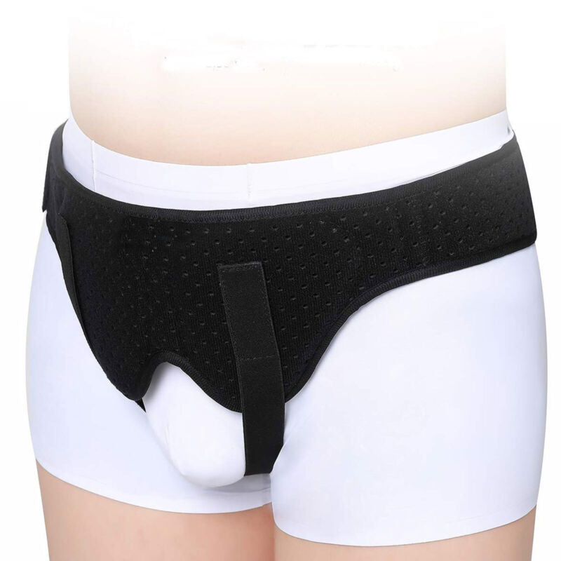 Adjustable inguinal hernia support belt with removable compression pads