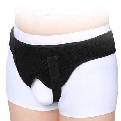Adjustable inguinal hernia support belt with removable compression pads