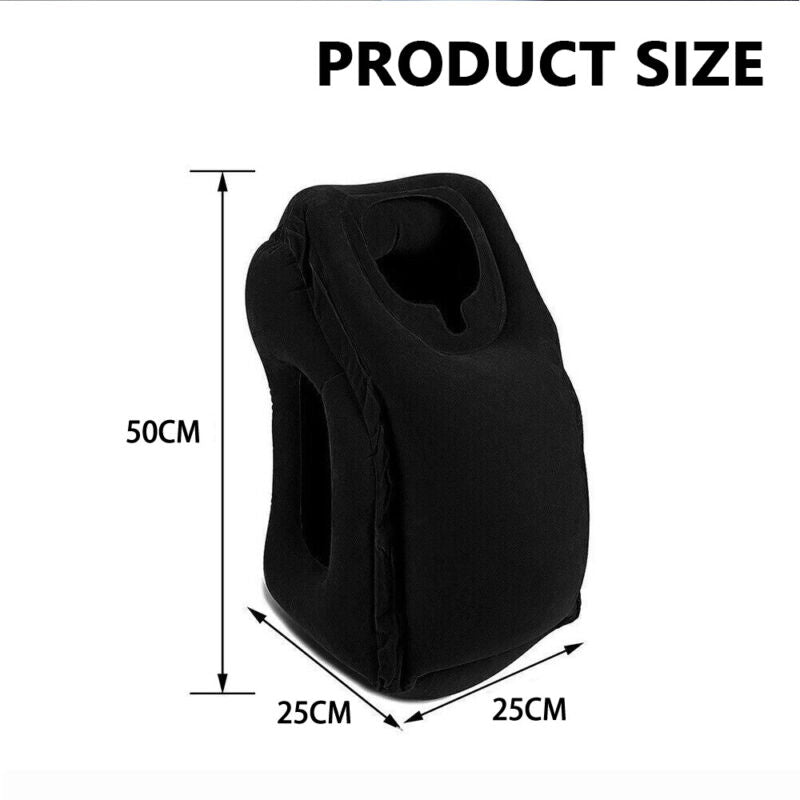 Forward-facing inflatable travel pillow for long-haul flight sleep