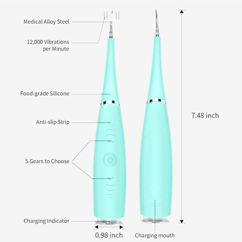Ultrasonic tooth cleaning wand with LED light for plaque and tartar