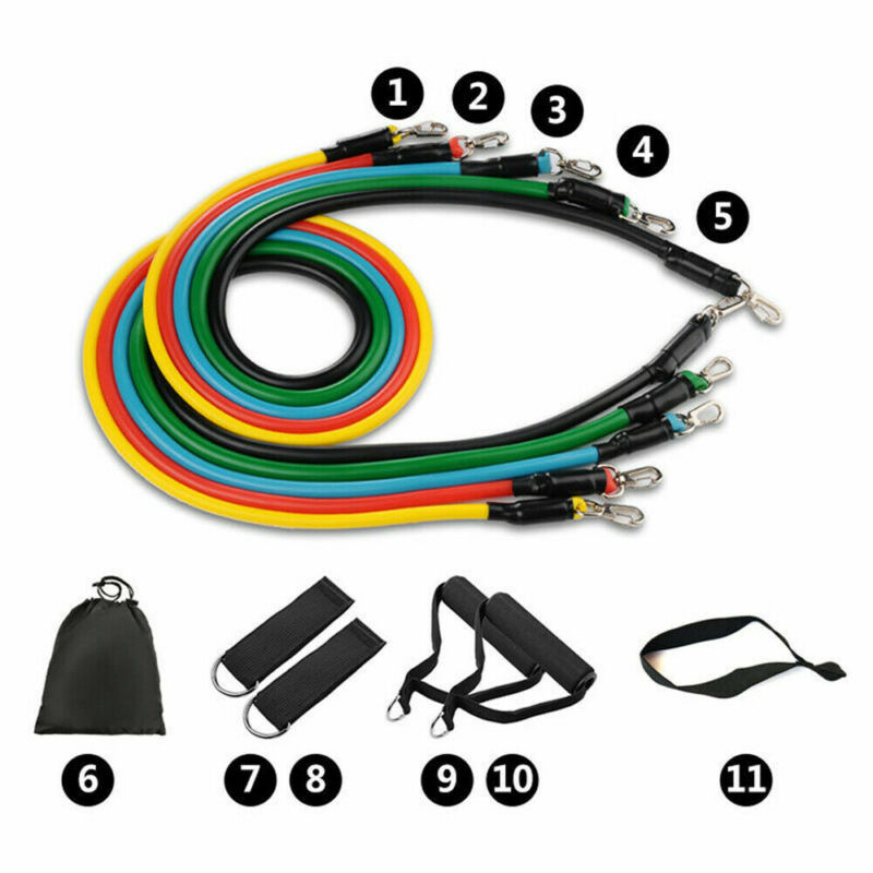 11-piece stackable latex resistance bands set with door anchor and ankle straps