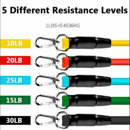 11-piece stackable latex resistance bands set with door anchor and ankle straps