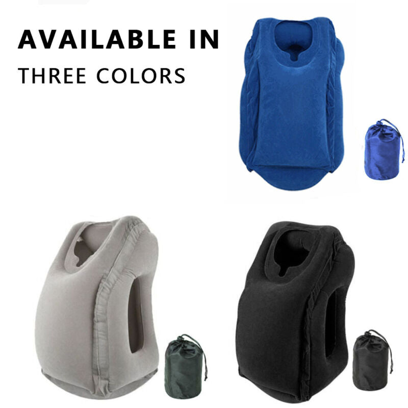 Forward-facing inflatable travel pillow for long-haul flight sleep