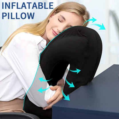 Forward-facing inflatable travel pillow for long-haul flight sleep