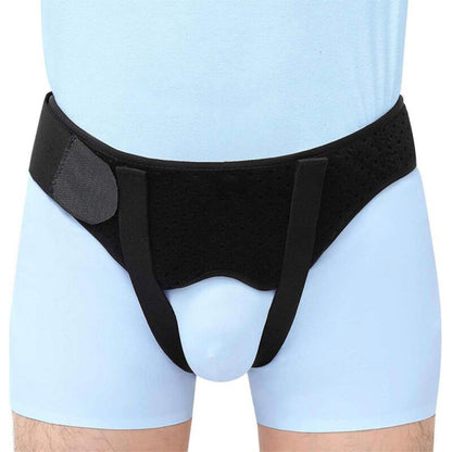 Adjustable inguinal hernia support belt with removable compression pads
