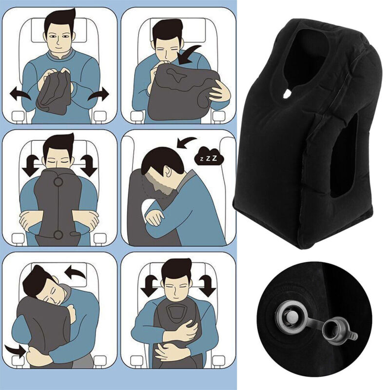 Forward-facing inflatable travel pillow for long-haul flight sleep