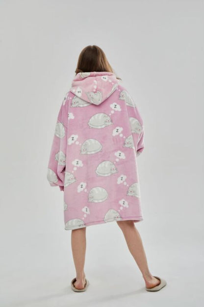 Oversized reversible sherpa fleece wearable hoodie blanket for adults