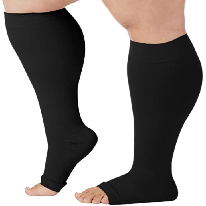 Plus-size open-toe 20-30mmHg compression socks for wide calves and edema