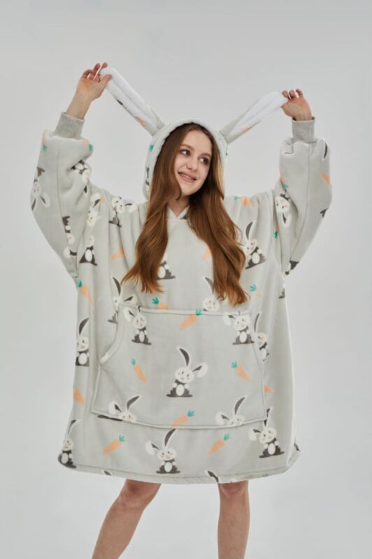 Oversized reversible sherpa fleece wearable hoodie blanket for adults