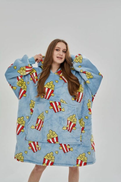 Oversized reversible sherpa fleece wearable hoodie blanket for adults