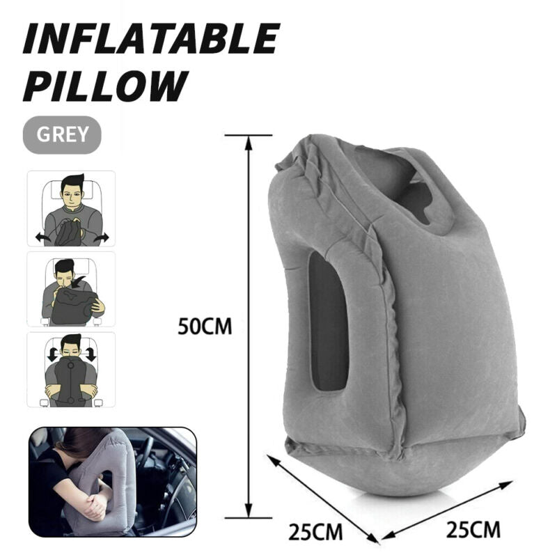 Forward-facing inflatable travel pillow for long-haul flight sleep