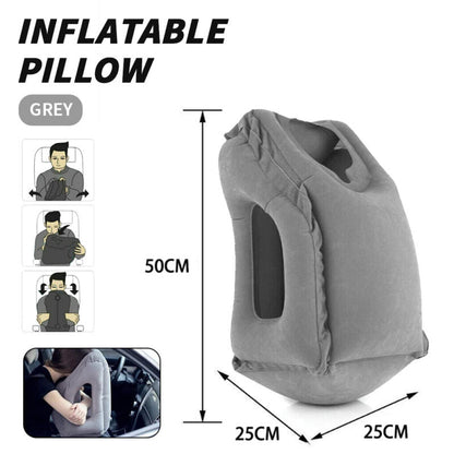 Forward-facing inflatable travel pillow for long-haul flight sleep