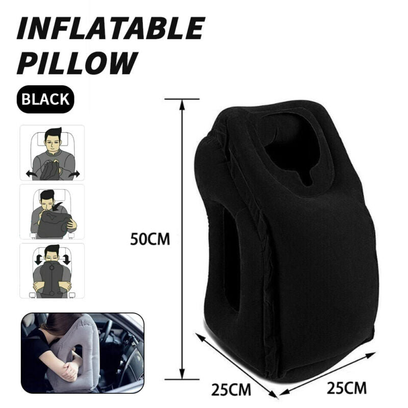 Forward-facing inflatable travel pillow for long-haul flight sleep