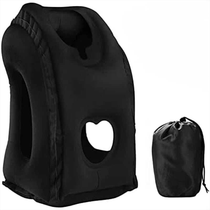 Forward-facing inflatable travel pillow for long-haul flight sleep